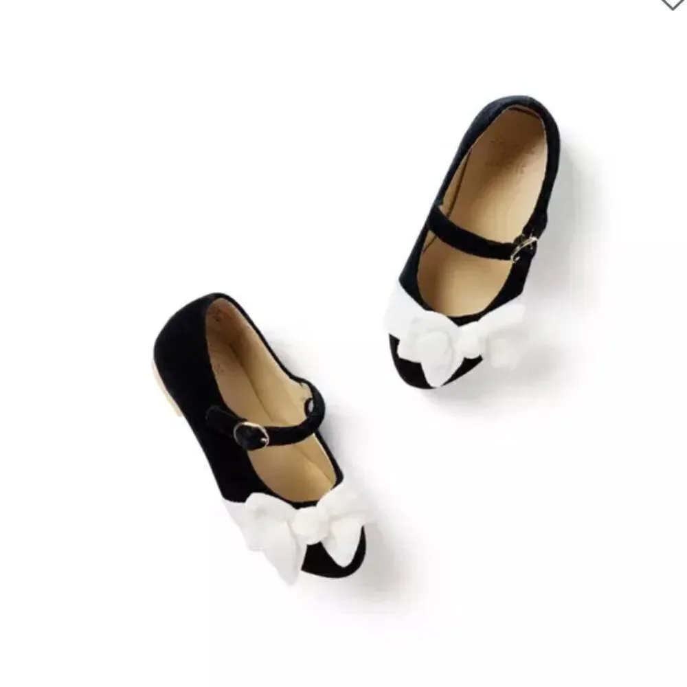 Janie and Jack 100048102 Velvet Bow Ballet Flat Black White Mary Jane NWT